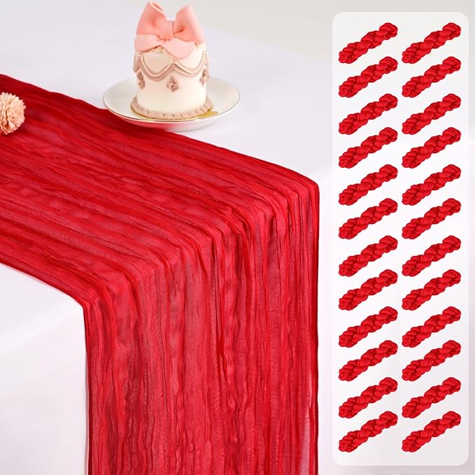 24 Pack Cheesecloth Table Runner,Red Table Runner Long Romantic Semi Sheer Rustic Boho Gauze Table Runners for Wedding Bridal Shower Birthday Party Decorations(17.7×108 Inch)
