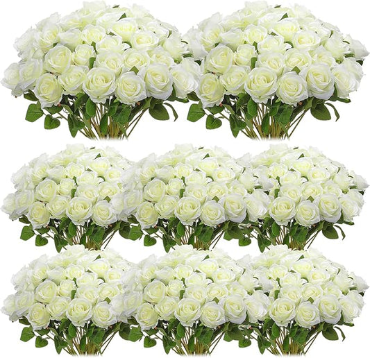 Hotop 80 Pcs Rose Artificial Flowers Bulk with Long Stem, Silk Roses Realistic Fake Flowers Bouquet for Wedding Table Centerpieces Bridal Shower Party Home Decorations(White)