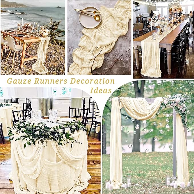 12 Pack 10Ft Ivory Cheesecloth Table Runner 35 x 120 inch Boho Gauze Cheese Cloth Table Runner Vintage Rustic Sheer Runners for Wedding Bridal Shower Birthday Party Cake Table Decorations