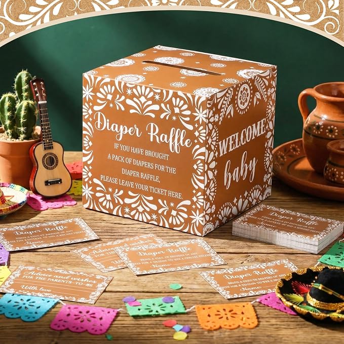 Teling 51 Pieces Diaper Raffle Tickets with Card Box Baby Shower Decorations Gender Reveal Holder Box for Girl Boy Diaper Raffle Party (Cielito Lindo)