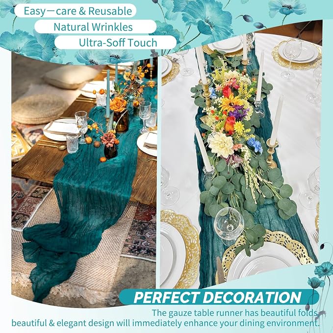 30 Pack Teal Cheesecloth Table Runner 17 x 108 inch Boho Gauze Table Runner Rustic Sheer Cheese Cloth Table Decorations for Wedding Party Baby Bridal Shower Birthday Holiday Home