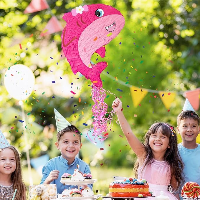 WERNNSAI Pink Shark Piñata - Girl Shark Party Piñata Game Ocean Birthday Decor Baby Shower Party Favors Under the Sea Classroom Decor Home Family Fun with Blindfold Bat
