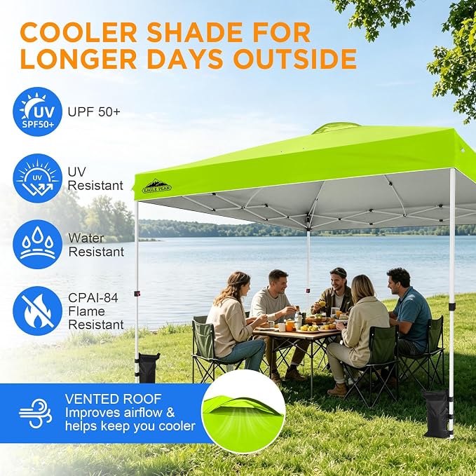 EAGLE PEAK Pop Up Canopy Tent with Wheeled Carry Bag, 8 Stakes, 4 Ropes, 4 Weight Bags, Easy Set Up Tent Canopy, 12x12 ft, 144sqft of Shade, Neon Green