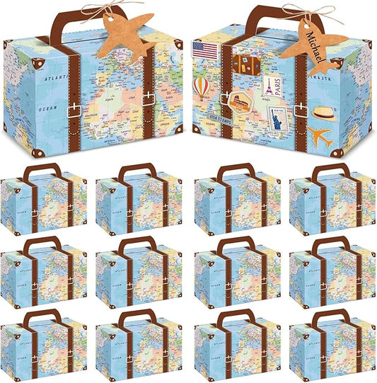 24Pcs Large Suitcase Party Favor Boxes Travel The Map Paper Treat Box with Tags Birthday Supplies Travel Theme Candy Goodie Gift Boxes for Birthday Baby Shower Wedding Adventure Party Table Decoration