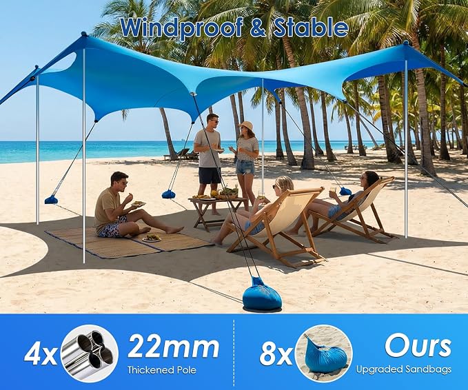 Beach Tent Sun Shelter, 14 × 11FT UPF50+ Protection Beach Shade Canopy, Easy Setup, with 8 Sandbags, 4 Stability Poles, Sand Shovel, Ground Spikes, Outdoor Shade for Sand, Camping, Fishing