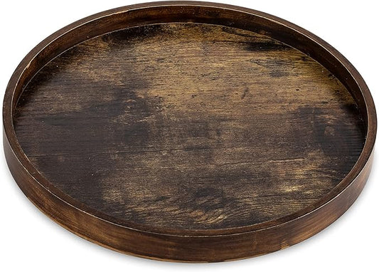 Hanobe DecorativeTray for Coffee Table : Round Vintage Brown Wood Trays for Home Decor - Farmhouse Circle Ottoman Plate for Kitchen Centerpiece Counter Display Living Room 12"