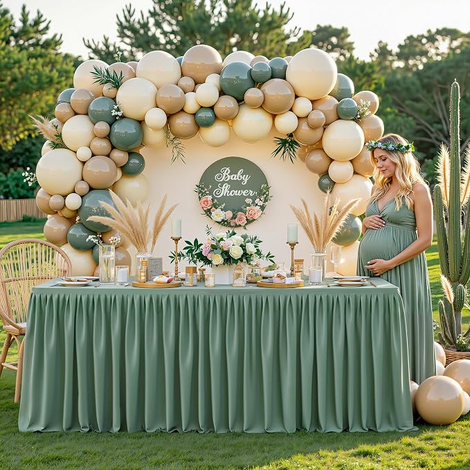 2 Packs Sage Green Tableclothes for 8 Foot Rectangle Tables, Wrinkle Free Fitted Table Cloth 8ft Stretch Table Cover with Skirt for Parties Weddings Birthday Banquet Baby Shower