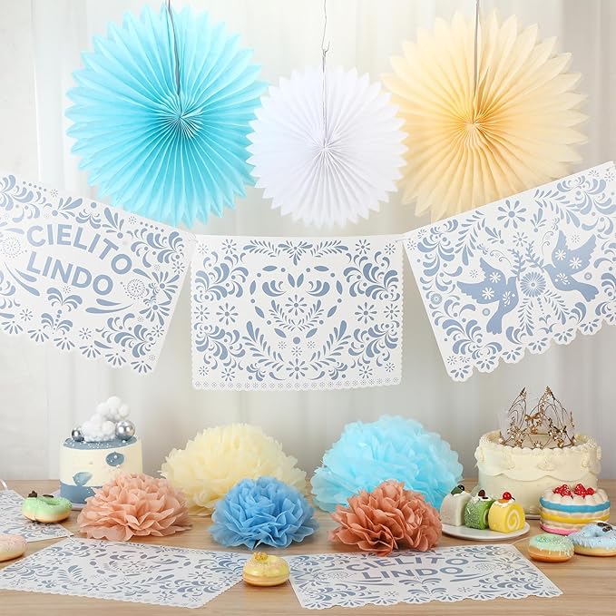 18 Pcs Cielito Lindo Party Decoration Cielito Lindo Decorations Hanging Paper Fans Pom Poms and Paper Banner for Bridal Shower, Fiesta, Engagement, Mexican Baby Shower(Blue)