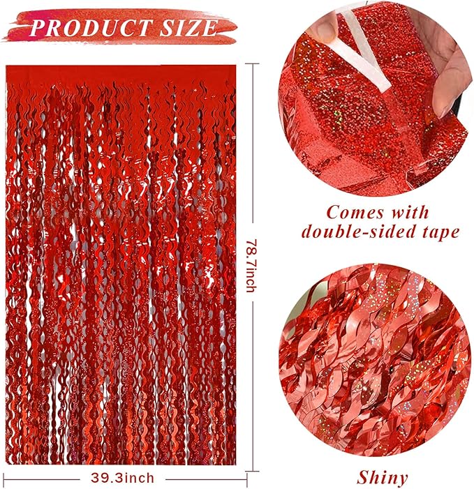 BOMSI Red Tinsel Foil Fringe Curtains Wavy Backdrop for Parties Sparkle Metallic Wavy Foil Fringe Backdrop Curtain for Party Decorations Photo Booth Props Birthday Graduation Wedding Valentines Decor
