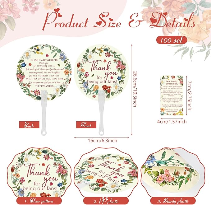 Cinrobiye 100 Sets Wedding Hand Fans Bulk for Guests, Handheld Fans with Thank You Cards, Outdoor Bridal Shower Favors