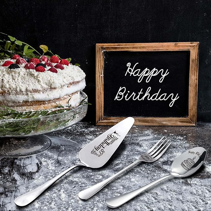 Happy 87th Birthday Personalized Laser-Engraved Stainless Steel Birthday Party Utensil Set - Cake Server, Spoon, and Fork for Mother Father Husband Wife Grandmother Grandfather