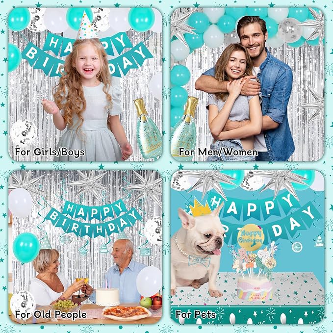 Teal Birthday Decorations for Women Girls, Turquoise Birtihday Decorations Brthday Party Decoartions with Happy Brithday Banner Balloons Arch Fringe Curtains Tablecloth Wine Bottle Birthday decor