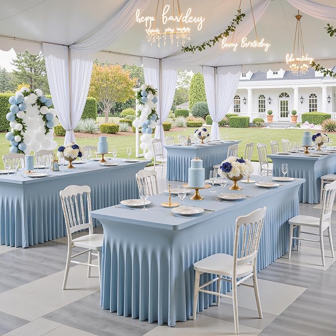 Outpain Dusty Blue Spandex Table Clothes for 6 Foot Rectangle Tables-6Pack 6FT Spandex Fitted Table Cover, Wrinkle Free Tablecloths with Skirt for Parties, Wedding, Birthday, Banquet, Festival