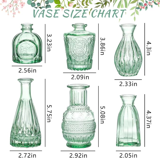SUPMIND Glass Bud Vase Set, 6pcs Small Green Flower Vases for Table Centerpieces in Bulk, Mini Vintage Vase for Wedding, Home, Table Decoration