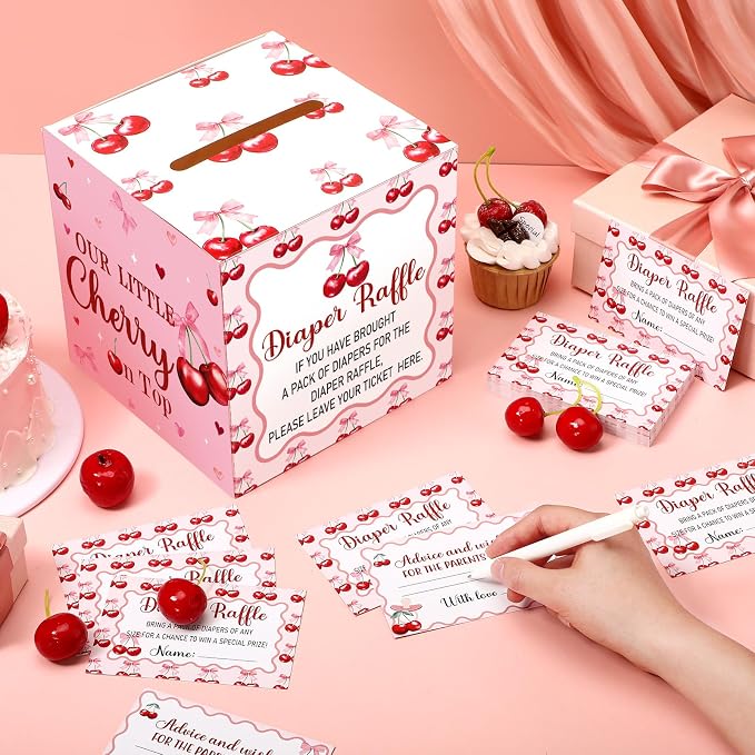 Teling 51 Pieces Diaper Raffle Tickets with Card Box Baby Shower Decorations Gender Reveal Holder Box for Girl Boy Diaper Raffle Party (Cherry Theme Pattern)
