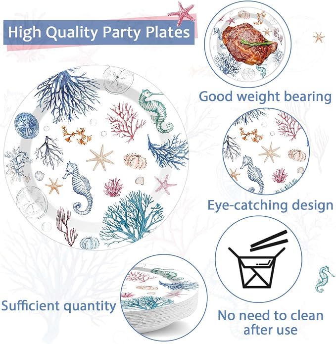 96Pcs Seashell Party Supplies Ocean Beach Birthday Plates and Napkins Blue Coastal Seashell Tableware Beach Disposable Dinnerware for Wedding Baby Shower Birthday Party Decorations for 24 Guests
