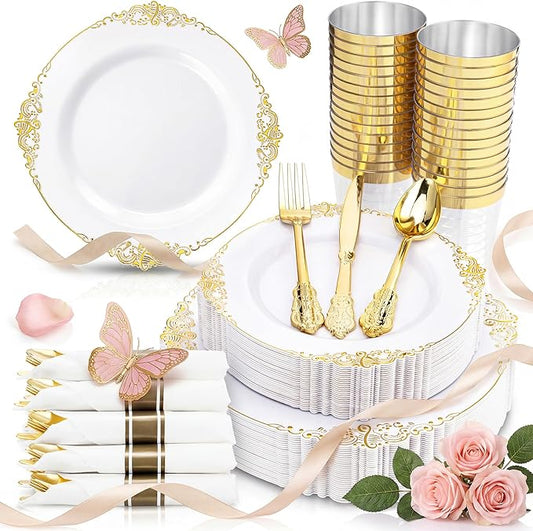Nervure 350PCS Gold Plastic Plates - Gold Plastic Dinnerware Sets for 50 Guests - 100 Disposable Plates, 150 Silverware, 50 Cups, 50 Napkins for Wedding & Party & Mothers Day