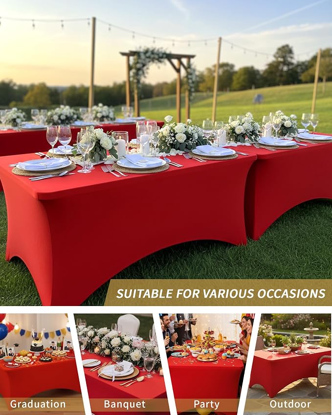 Fixwal Red Tablecloths for 8 Foot Rectangle Tables, 2 Pack Spandex Stretch Fitted Table Covers for Party, Trade Show, Banquet, Wedding, Buffet