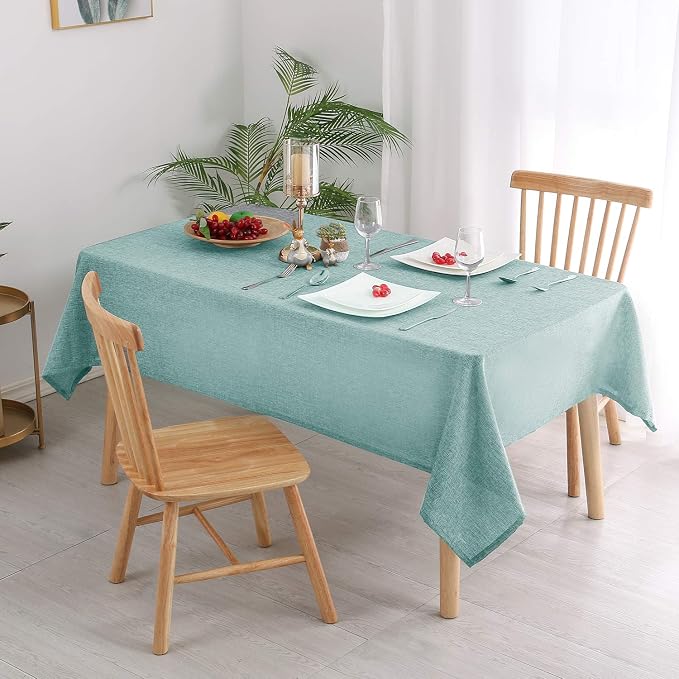 Hiasan Faux Linen Rectangle Tablecloth - Wrinkle and Stain Resistant Washable Table Cloth for Kitchen Dining Room Holiday Table Cover for Party Dinner, Aqua, 54 x 80 Inch