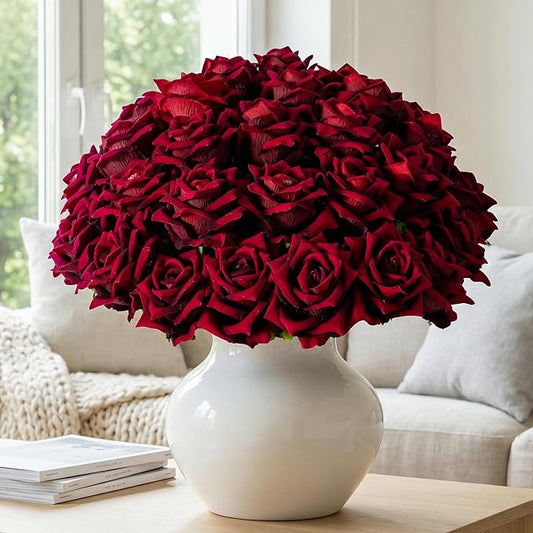 Ttranewsoo Fake Roses Faux Flowers Silk Roses Artificial Roses with Stems Realistic Artificial Flowers Suitable for Indoor Home Decoration Diy Bouquet Wedding Decor Party Decor 36PCS(16.5In,Black red)