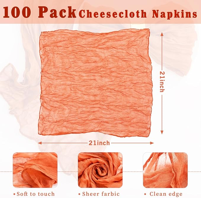 100 Pack Orange Cheesecloth Napkins 21x21 Inches Orange Cloth Napkins Set of 100 Washable Dinner Table Napkins for Wedding Bridal Baby Shower Rustic Boho Cotton Gauze Family Party Table Decor