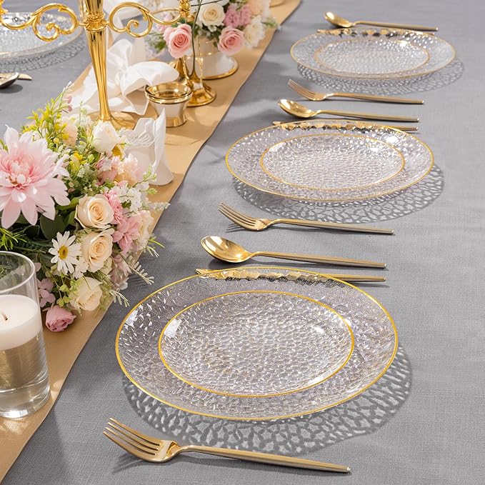 Rubtlamp 100Pcs Clear Gold Plastic Plates, Gold Glitter Disposable Plates, Hammered Plastic Plates Included 50 Dinner Plate And 50 Dessert Plate for Weddings Party Birthday
