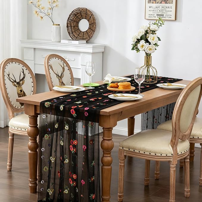 BINBE 1pcs Black Daisy Spring Table Runner Embroidery Gauze 10FT Florals Seasonal Tulle Holiday Birthday Kitchen Dining Table Decor for Home Party