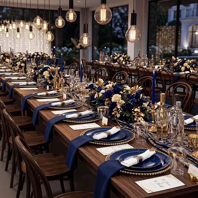 KIRE 350Pcs Blue and Gold Plates -Heavy Duty Navy Blue Dinnerware Set - 100 Plastic Plates 50 Pre Rolled Napkins with Gold Plastic Silverware 50 Cups for Birthday/Wedding/Parties/Graduation