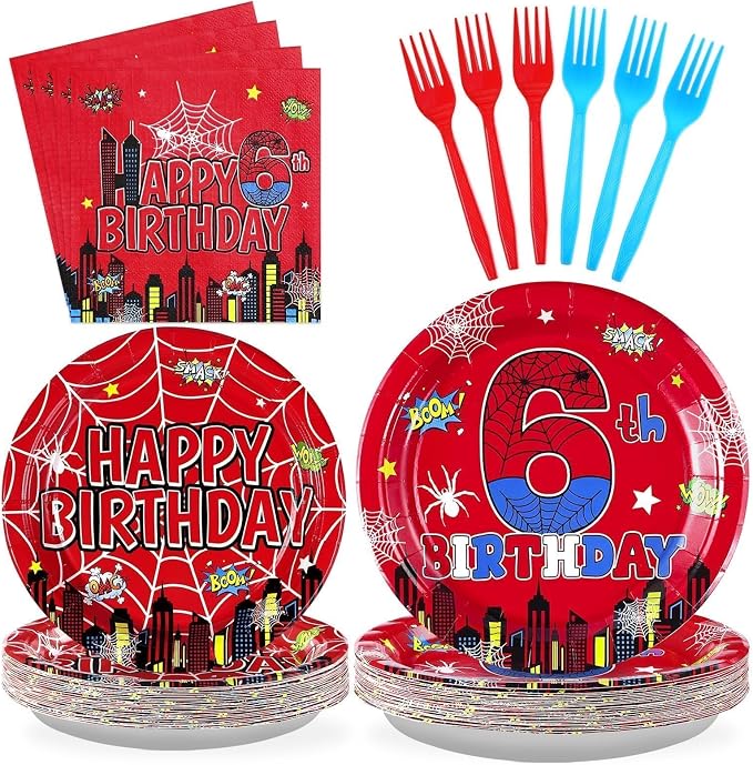 Grencian 96Pcs Cartoon Spider 6th Birthday Party Decorations Red Blue Spider Birthday Party Plates and Napkins Disposable Super Theme Tableware Set for 6 Year Old Boys Party Decorations Serves 24