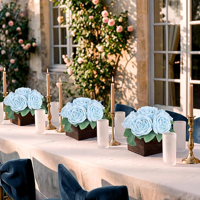 Dining Table Centerpiece Set of 6 - Pre-Made Aritifial Rose with Wooden Vase Fake Floral Arrangment Faux Flower for Wedding Bridal Tea Party Event Decorations - Blue