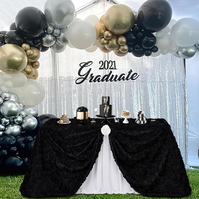 Fanqisi Rosette Tablecloth Black 90x156 Inches Rectangular 3D Floral Satin Rosette Fabric Table Cover Grandiose Wedding Party Baby Shower Decorations