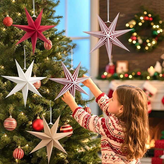 SUNBEAUTY Paper Stars Christmas Party Decorations, 5PCS 6-Pointed Paper Star Hanging Decoration Set Holiday Decor Stars Shape Landerne for Birthday Party Tree Xmas Home Decor