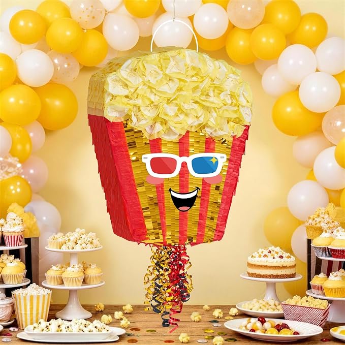 WERNNSAI Popcorn Piñata - Pull String Piñata with Stick and Blindfold, for Video Movie Night Holiday Celebration, Parties Carnivals Games Supplies (16.5"x12.4"x3")