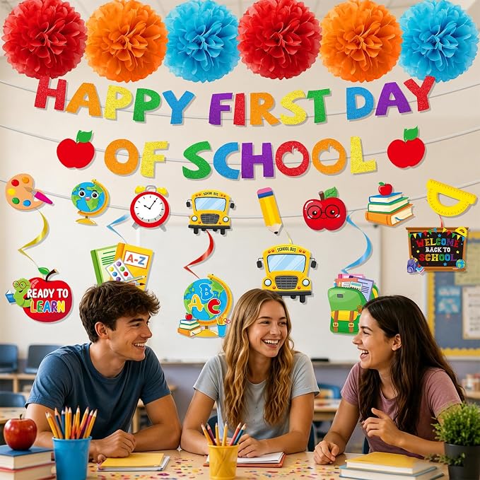 Welcome Back to School Decorations - 15PCS Happy First Day of School Party Banner Hanging Swirls Paper Pompoms, Welcome First Day of Classroom Party Decor Supplies