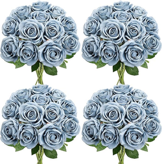 48 PCS Dusty Blue Roses Artificial Flowers - Fake Silk Floral with Long Stems Bulk for Table Centerpieces DIY Bouquet Arrangements Wedding Party Bridal Shower Vase Decorations