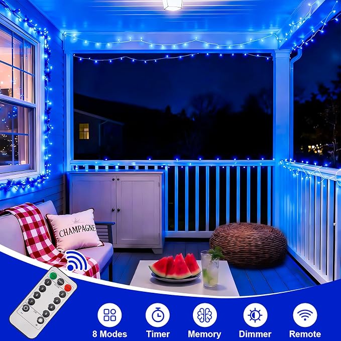 QITONG 2 Pack Battery Operated String Lights, Each 33ft 100 LED Blue Christmas Lights Outdoor Waterproof, 8 Modes Clear Wire Twinkle Fairy Lights Indoor with Remote