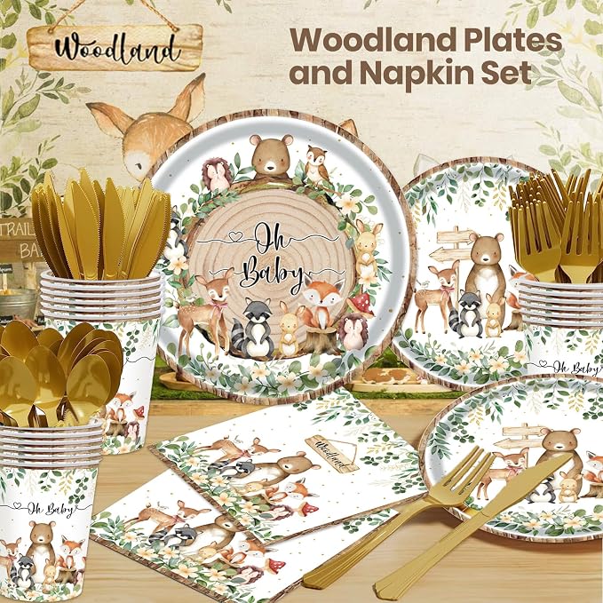 Woodland Baby Shower Party Supplies, 350PCS Safari Jungle Animal Disposable Tableware Set with Plates Napkins Cups Spoons Forks Knives for Woodland Theme Birthday Party Decorations, Serves 50 Guests