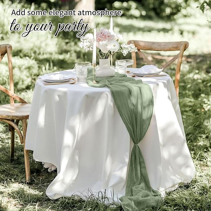 10 Pack Sage Green Cheesecloth Table Runner 17x108 Inch Semi Sheer Boho Gauze Cheese Cloth Table Runners, for Wedding Bridal Shower Birthday Party Home Decor Garden Farmhouse