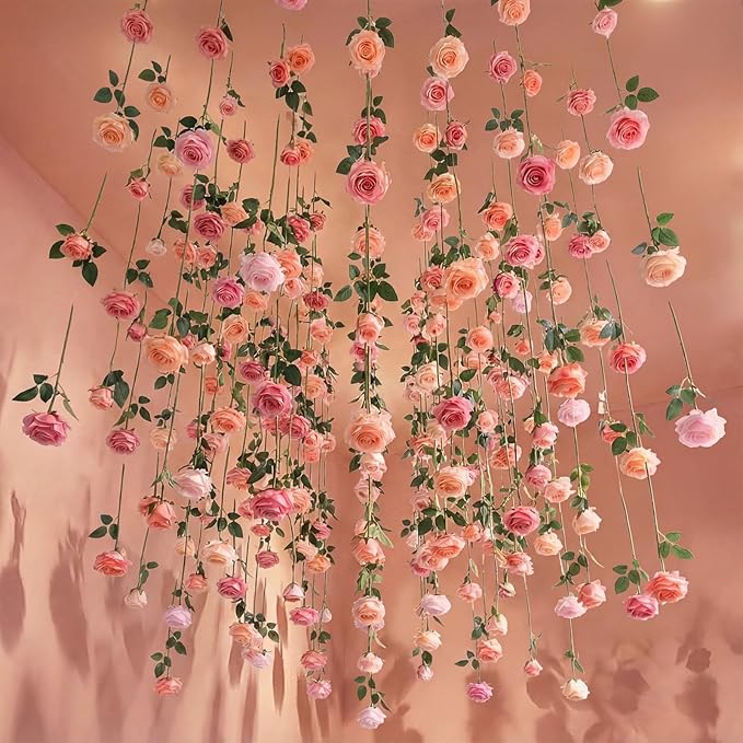 Lyrow 60 Pack Pink Roses Artificial Flowers Bulk Hanging Floating Garland Fake Pink Rose Vine for Ceiling Decoration Wedding Anniversary Bridal Bouquet DIY Floral Arrangement Proposal Romantic Decor