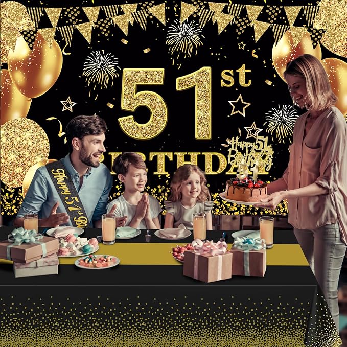 51st Birthday Decorations Men Women with 51st Birthday Banner, Black and Gold Table Cloth, Number Balloons, Large Sash, Cake Topper and Candles