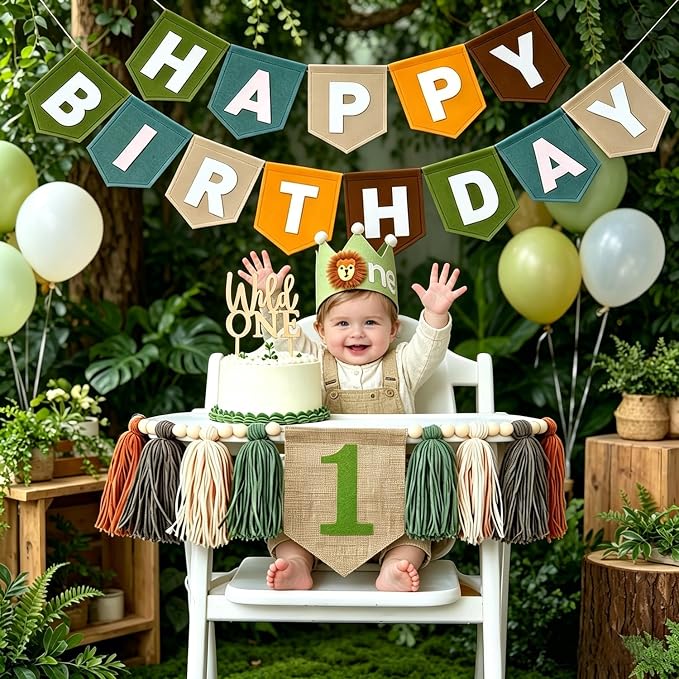 Wild One First Birthday Decorations For Boy-High Chair Banner First Birthday Boy Felt Happy Birthday Banner With Lion Crown, Wild One Highchair Banner Jungle Safari Birthday Party Decorations