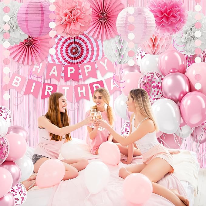 Pink Birthday Party Decorations, 66PCS Light Pink Happy Birthday Decor for Women&Girls with Banner, Balloons, Paper Fans, Flowers, Lanterns and garland etc. for Any Occasions