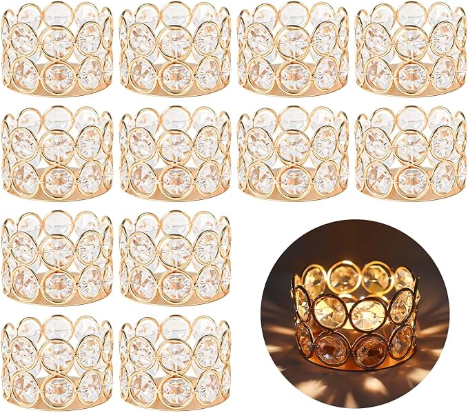 12 Pack Gold Metal Crystal Tea Light Candle Holders - 2.4"x1.6" Bulk Small Votive Candle Holders for Wedding, Home, Party Table Centerpiece Decorations