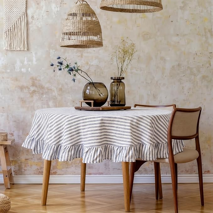 Boao Cotton 60 Inch Ruffle Tablecloth Blue White Striped Flounces Trim Table Cover for Round Table Kitchen Party Wedding Decor