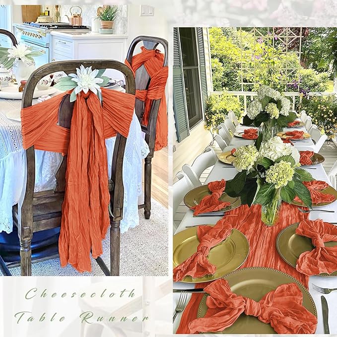 25 Pack Orange Cheesecloth Table Runner 17 x 108 Inch Gauze Table Runner Fabric Semi Sheer Cheese Cloth Table Runner Bulk for Rustic Romantic Wedding Baby Shower Table Decoration