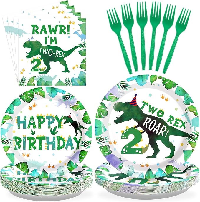 Grencian 96PCS Dinosaur 2nd Happy Birthday Party Supplies 2nd Dinosaur Plates and Napkins Forks Disposable Tableware Set for 2 Years Old Boy Birthday Party Decorations Serves 24