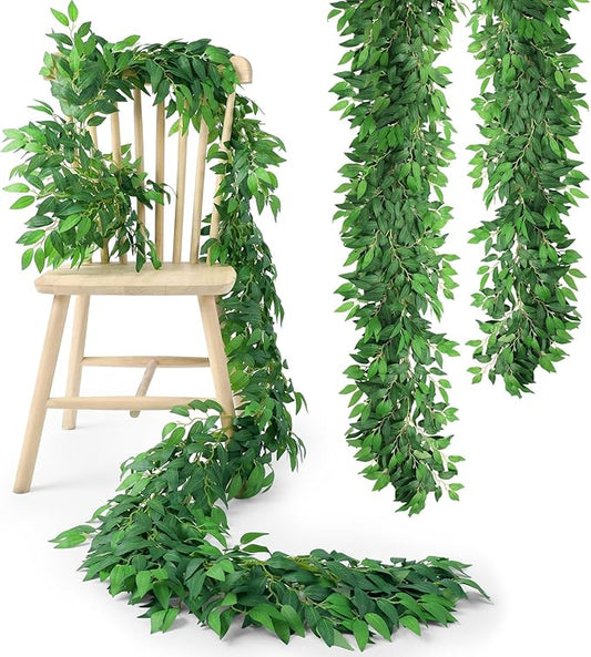 Suncalla 2 Pcs 10 Feet Artificial Vines Garland Faux Italian Ruscus Vine Twigs Silk Green Leaves Greenery Garland for Wedding Table Centerpieces Arch Decor Party Room Home Garden Office Wall Decor