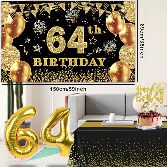 64th Birthday Decorations Men Women with 64th Birthday Banner, Black and Gold Table Cloth, Number Balloons, Large Sash, Cake Topper and Candles