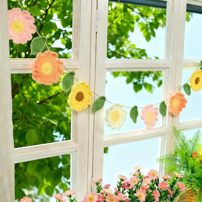Handmade Crochet Flower Garland, Felt Flower Garland for Girl Nursery Decor, Daisy Garland for Birthday Party, Boho Room Wall Hanging Decoration, Girl 1st Birthday Decor