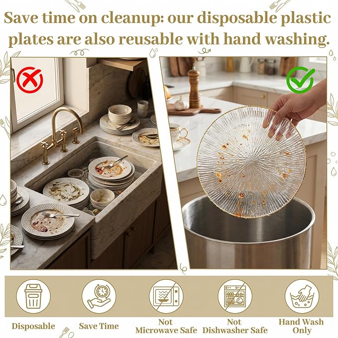 DaYammi 60Pcs Clear Plastic Plates with Gold Rimmed - Gold Disposable Plates Set Including 30pcs Dinner Plates,30pcs Dessert Plates with Radial Texture for Party & Wedding Dinner